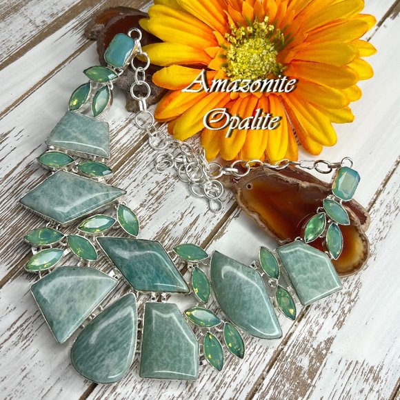 Awesome Amazonite Opalite Statement Necklace Handmade Large Gemstone 925 Silver - Picture 2 of 16